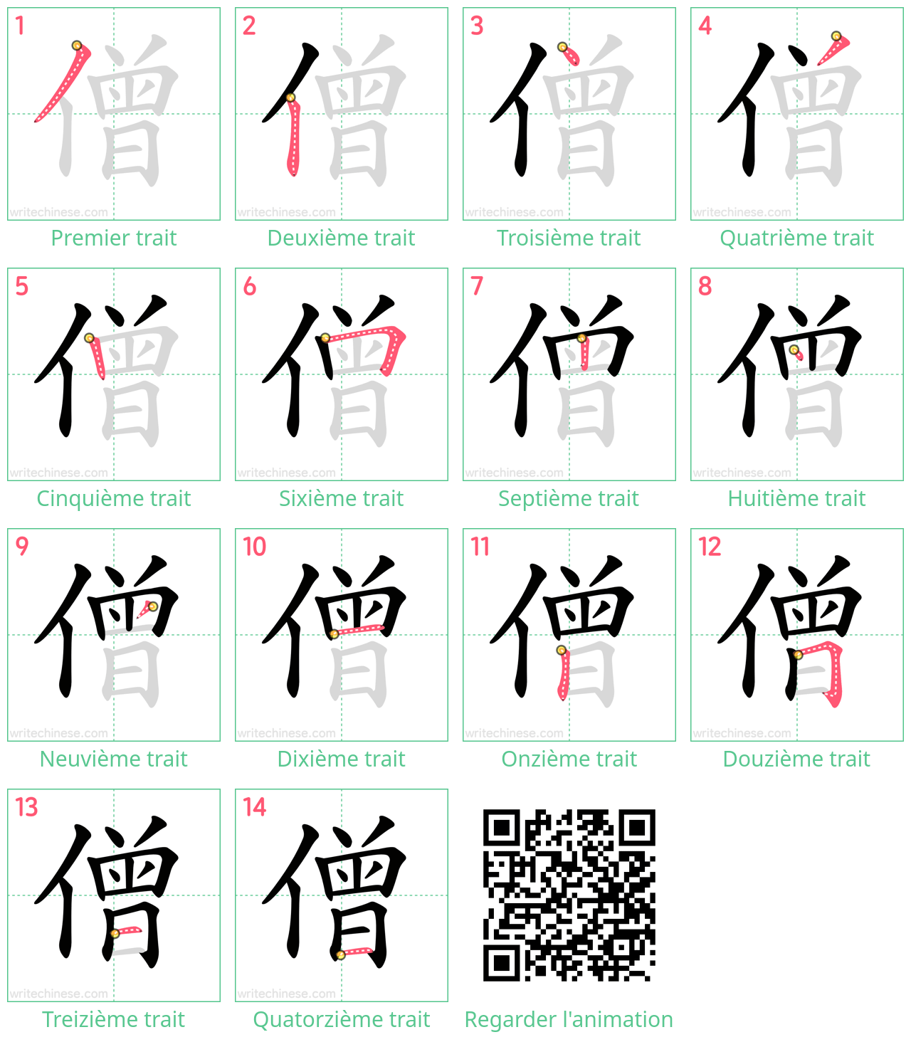Diagrammes d'ordre des traits étape par étape pour le caractère 僧