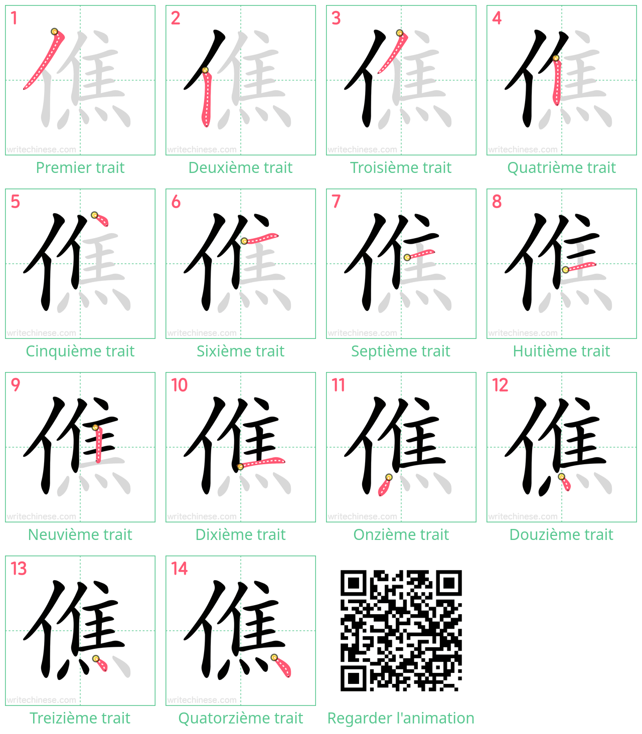 Diagrammes d'ordre des traits étape par étape pour le caractère 僬