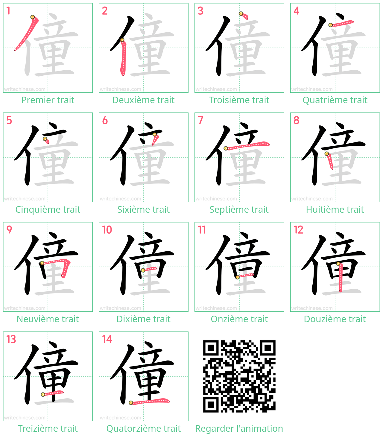 Diagrammes d'ordre des traits étape par étape pour le caractère 僮