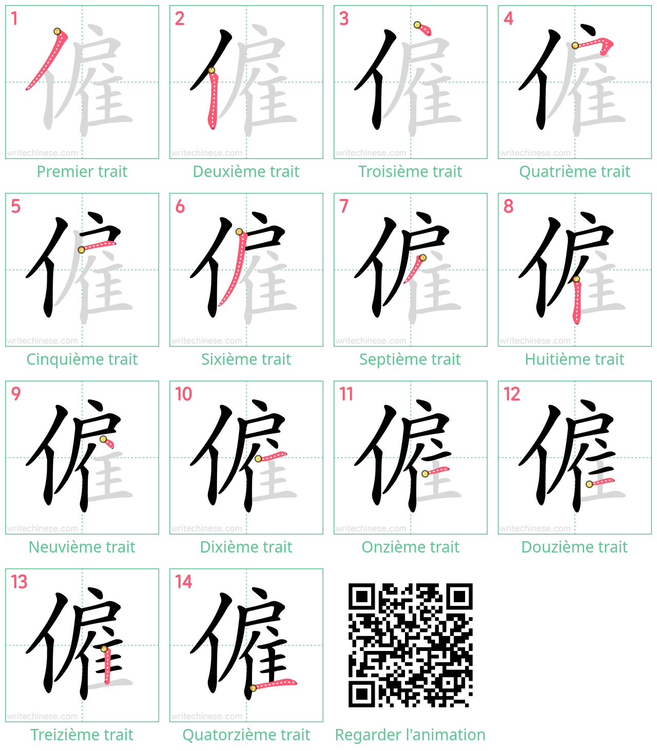 Diagrammes d'ordre des traits étape par étape pour le caractère 僱