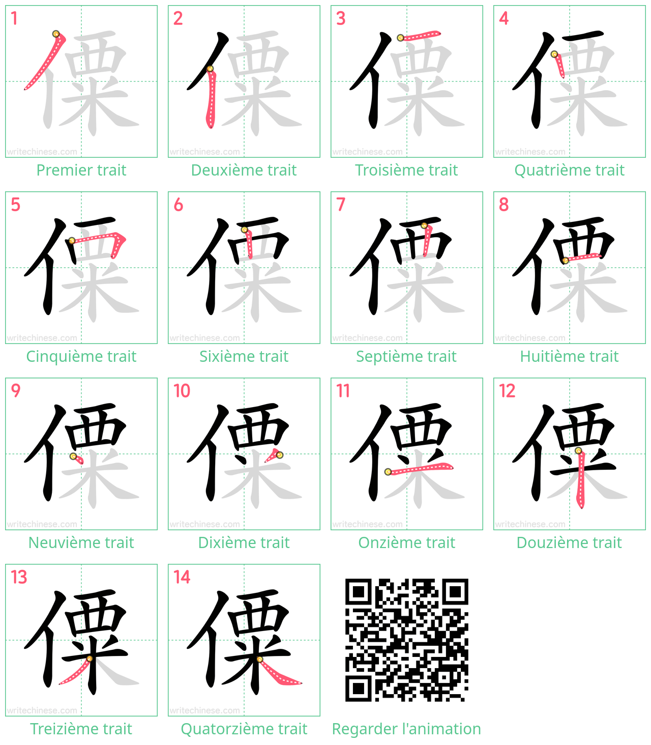 Diagrammes d'ordre des traits étape par étape pour le caractère 僳