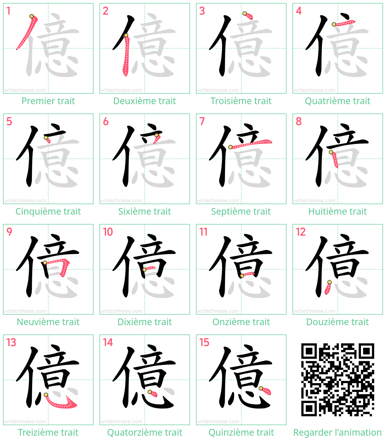 Diagrammes d'ordre des traits étape par étape pour le caractère 億