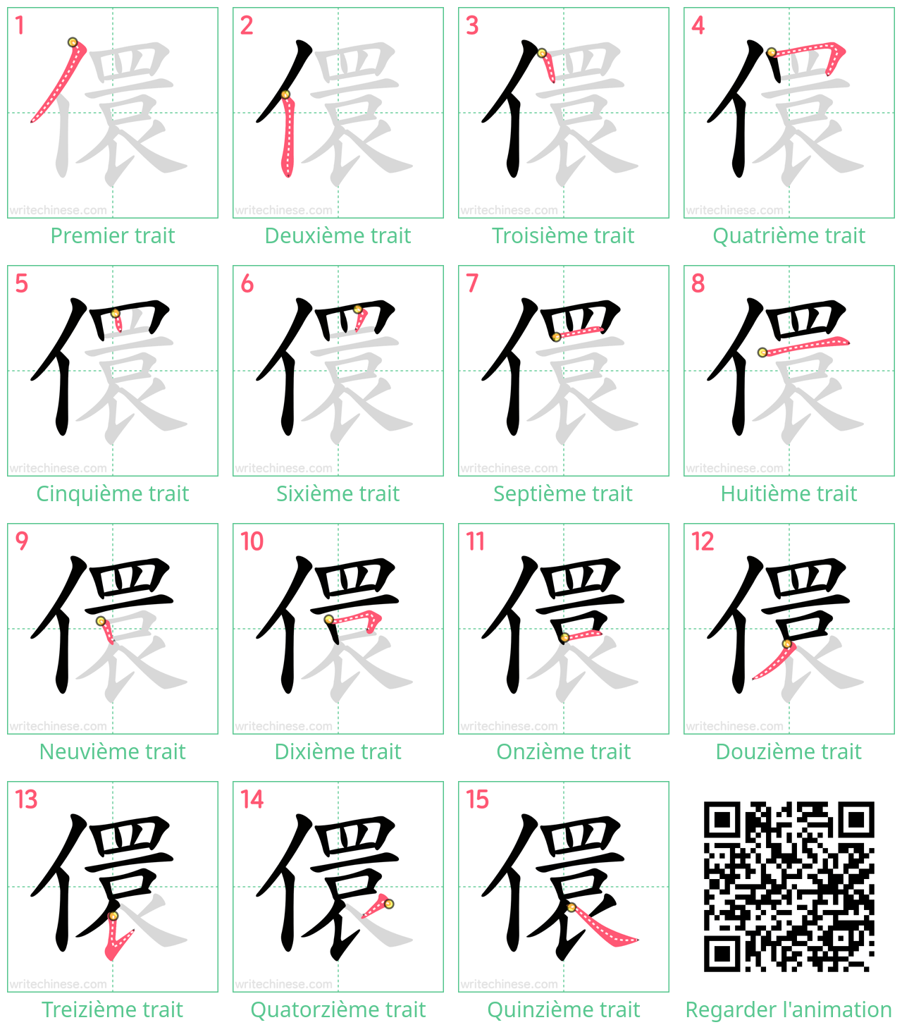 Diagrammes d'ordre des traits étape par étape pour le caractère 儇