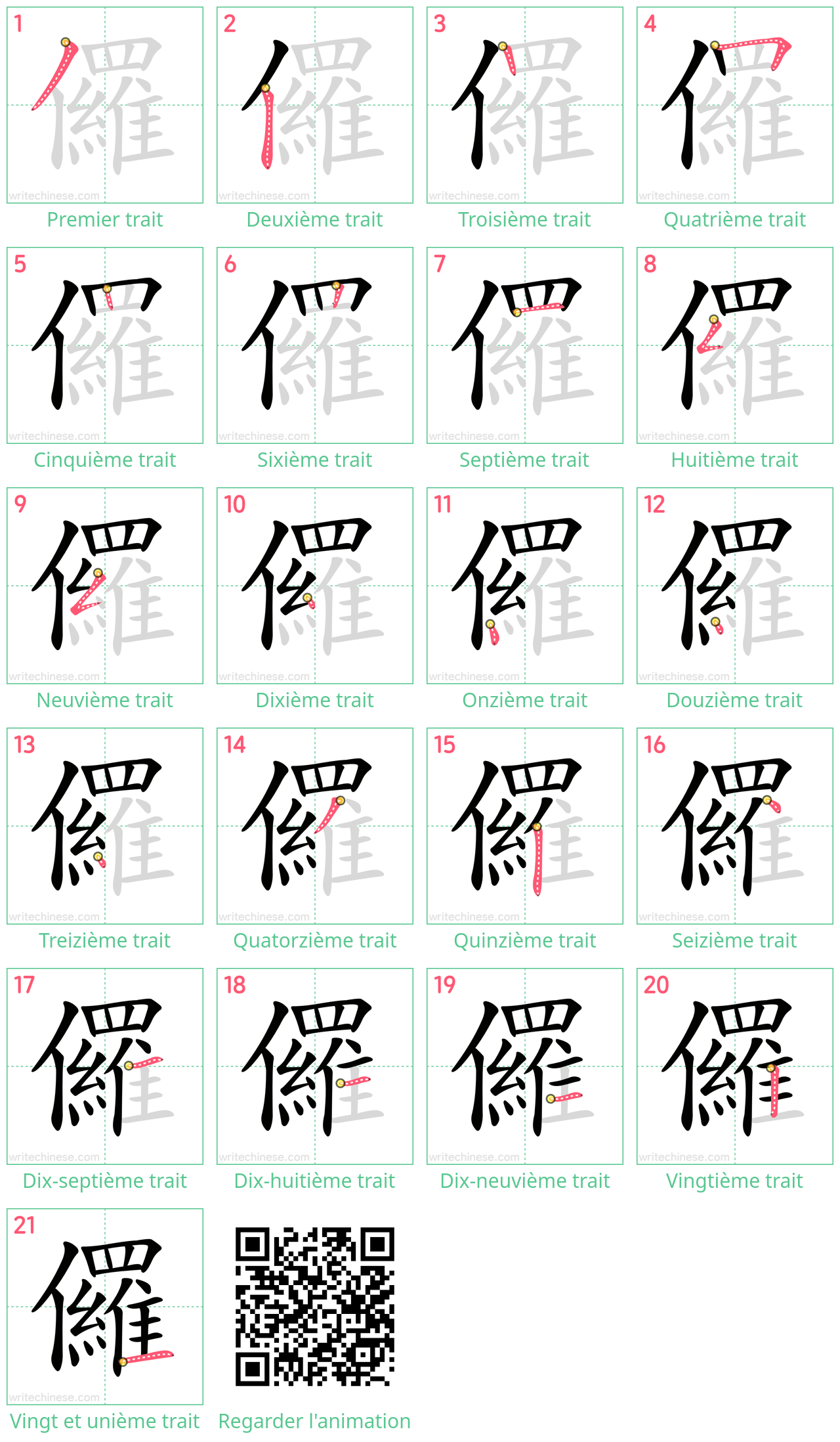 Diagrammes d'ordre des traits étape par étape pour le caractère 儸