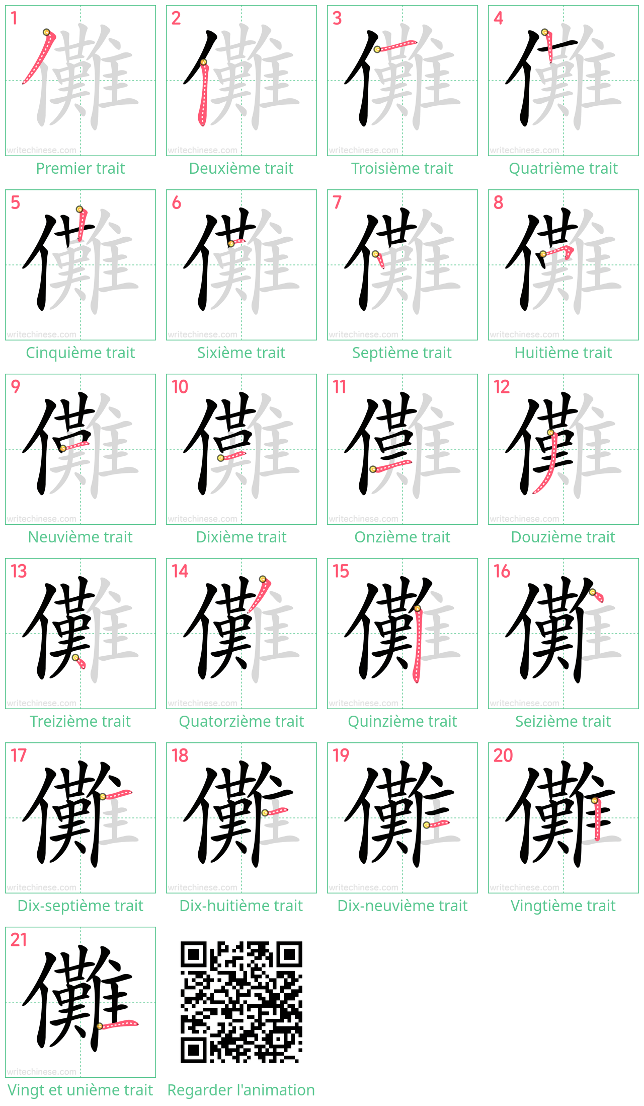 Diagrammes d'ordre des traits étape par étape pour le caractère 儺