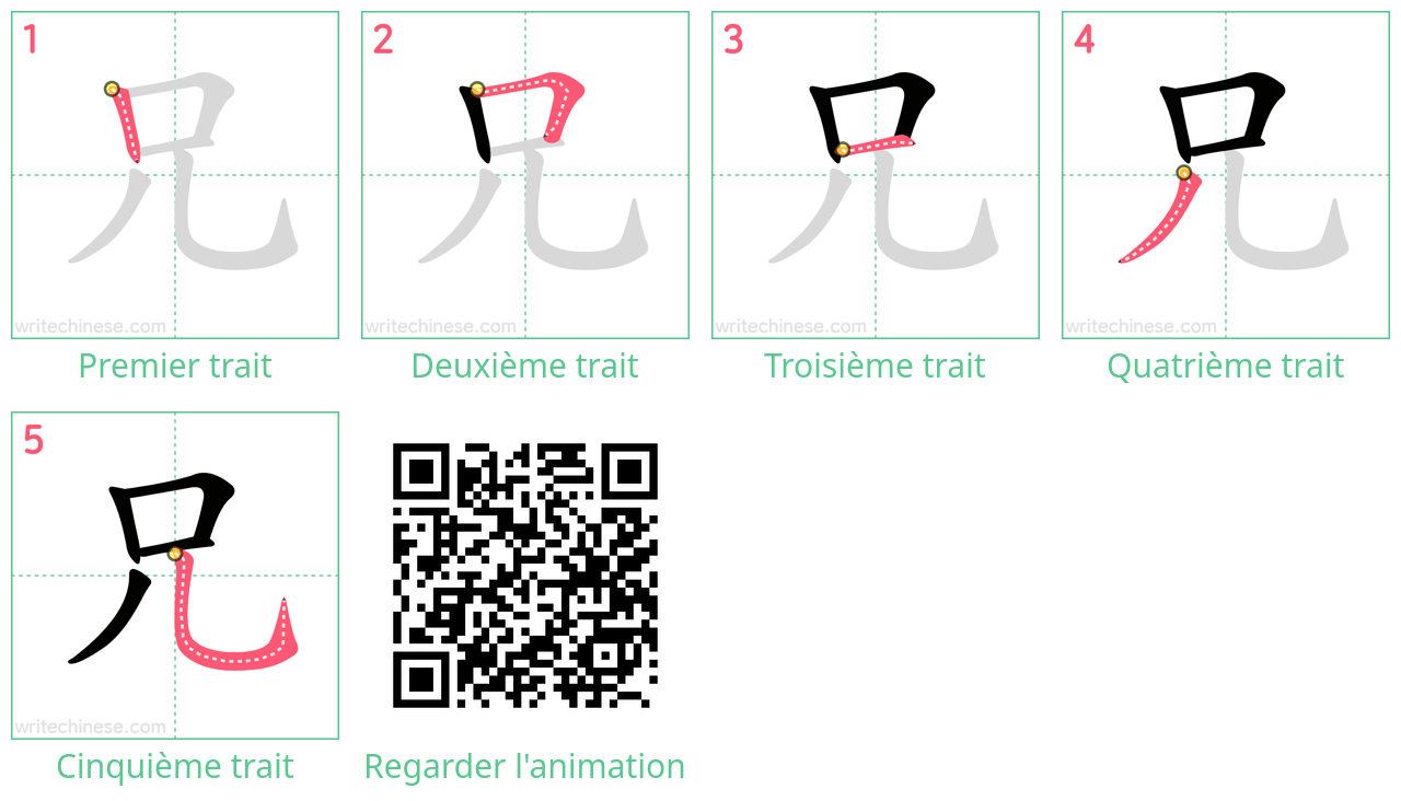 Diagrammes d'ordre des traits étape par étape pour le caractère 兄