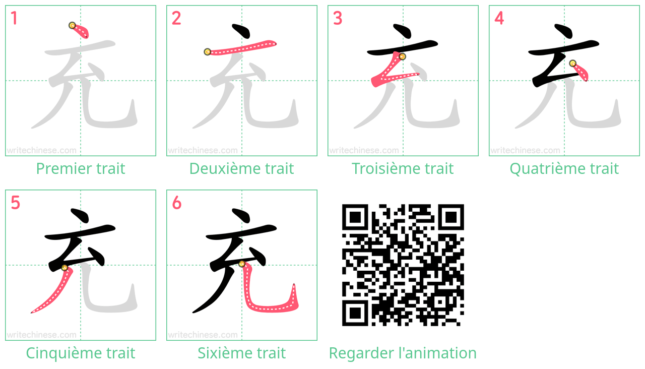 Diagrammes d'ordre des traits étape par étape pour le caractère 充