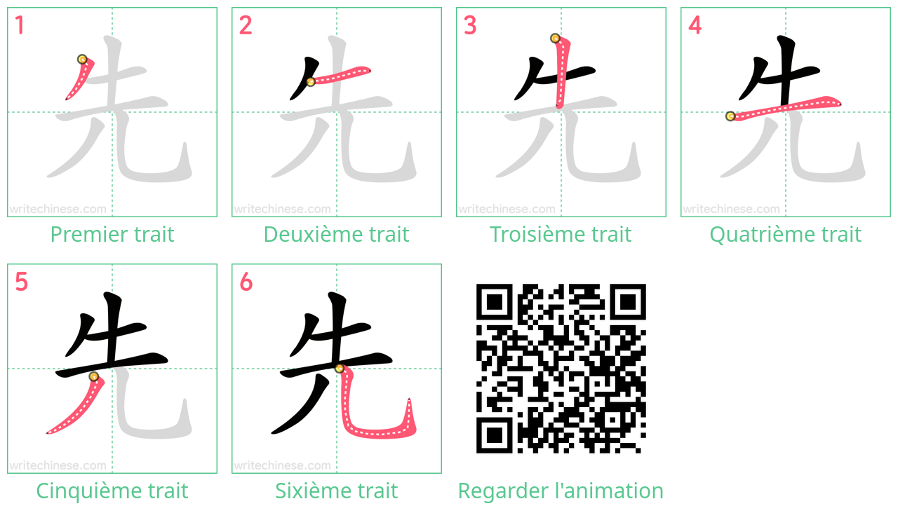 Diagrammes d'ordre des traits étape par étape pour le caractère 先