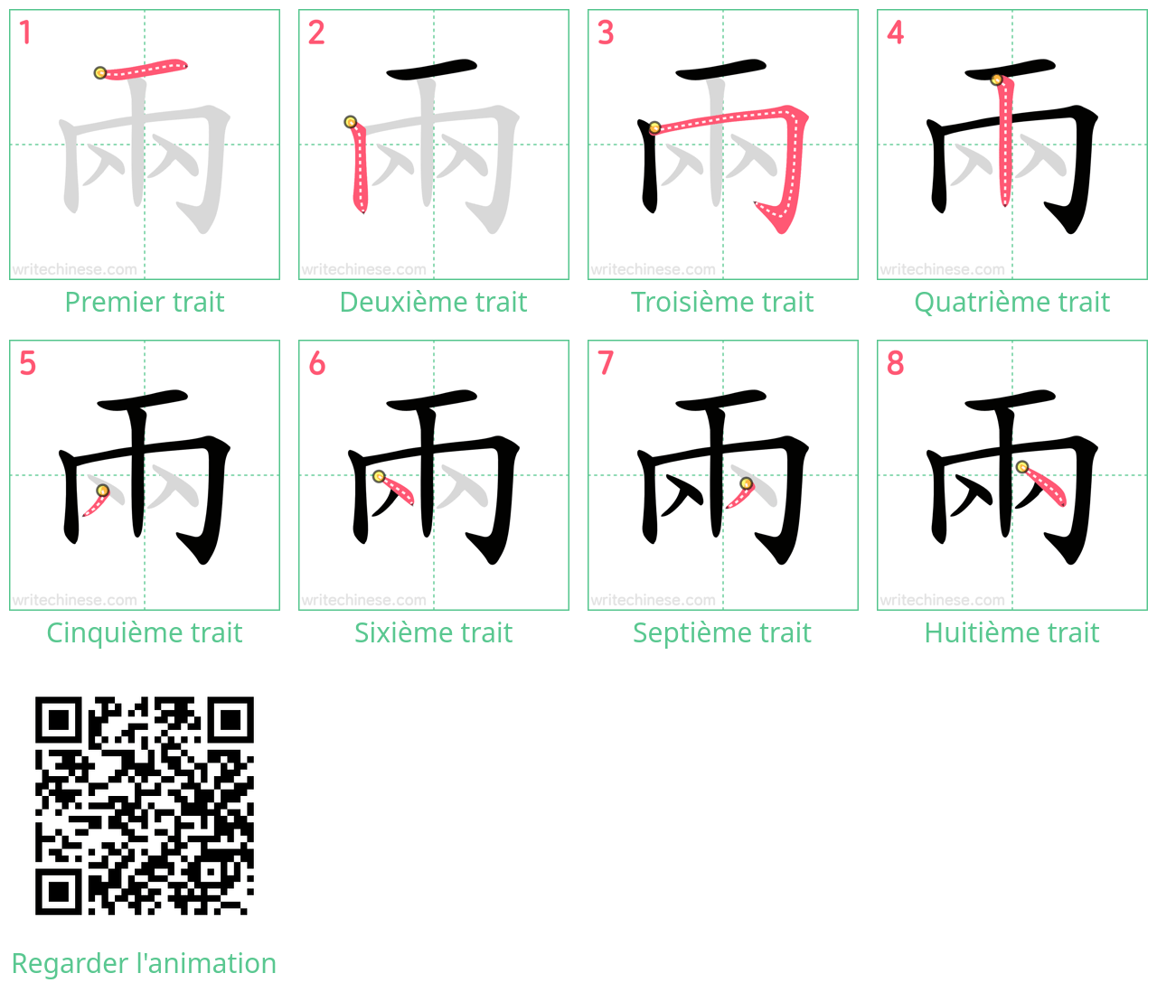 Diagrammes d'ordre des traits étape par étape pour le caractère 兩