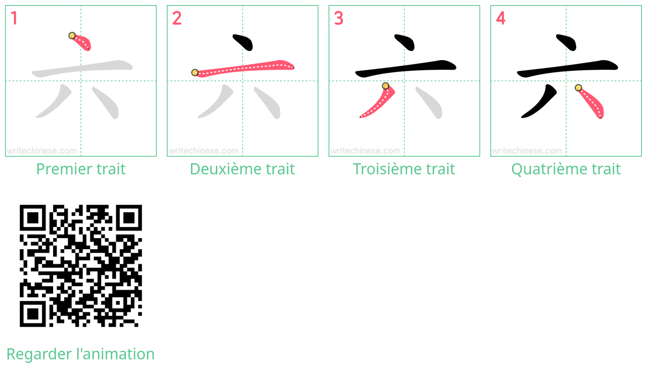 Diagrammes d'ordre des traits étape par étape pour le caractère 六