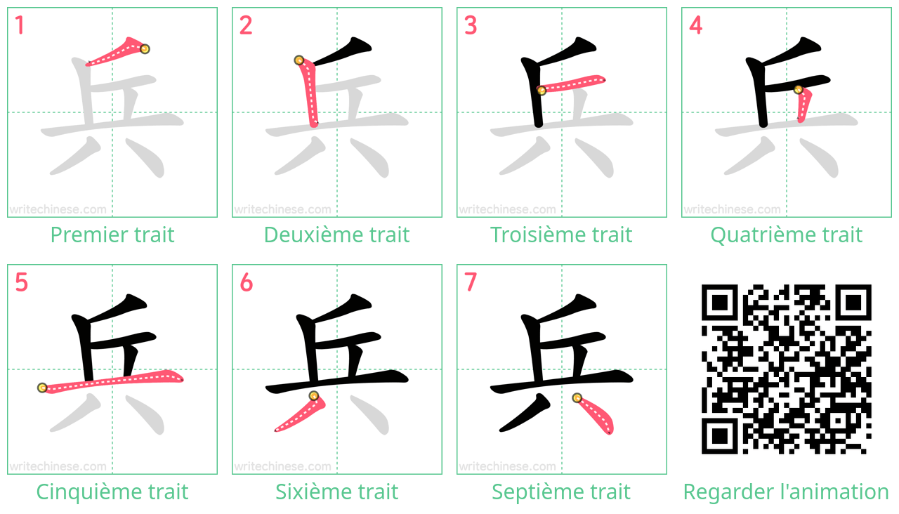 Diagrammes d'ordre des traits étape par étape pour le caractère 兵