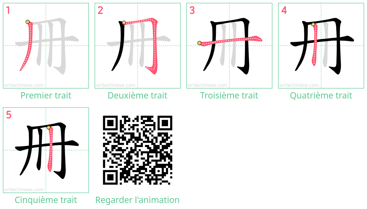 Diagrammes d'ordre des traits étape par étape pour le caractère 冊