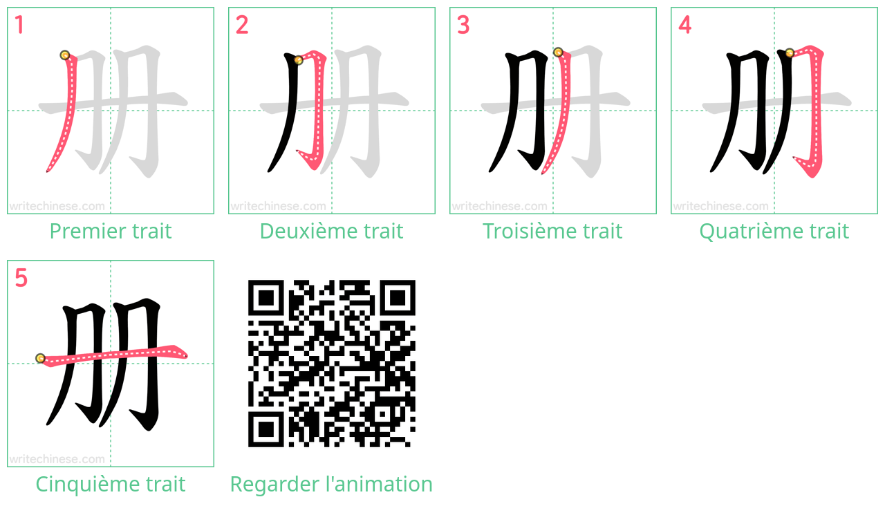 Diagrammes d'ordre des traits étape par étape pour le caractère 册