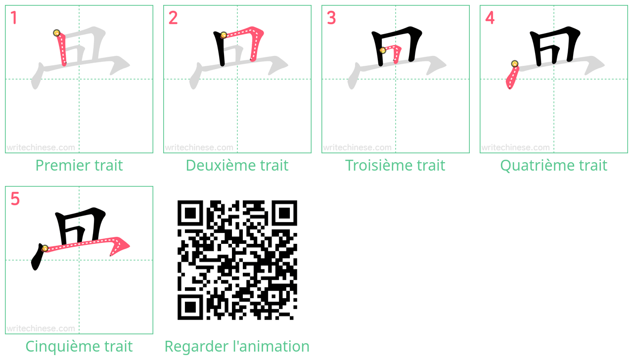 Diagrammes d'ordre des traits étape par étape pour le caractère 冎