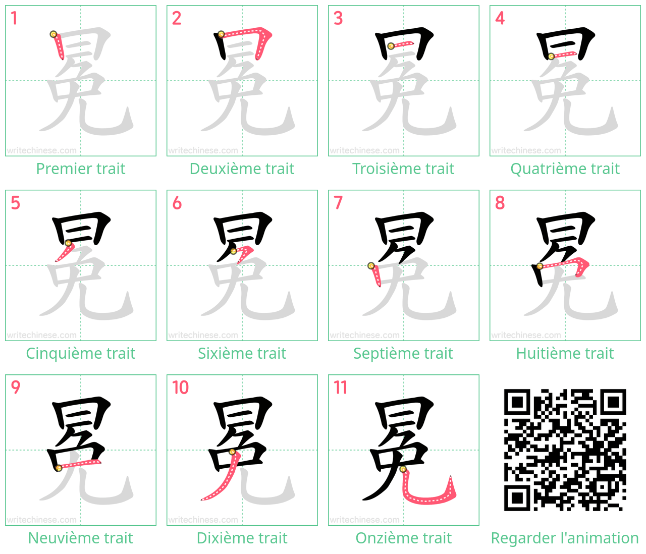Diagrammes d'ordre des traits étape par étape pour le caractère 冕
