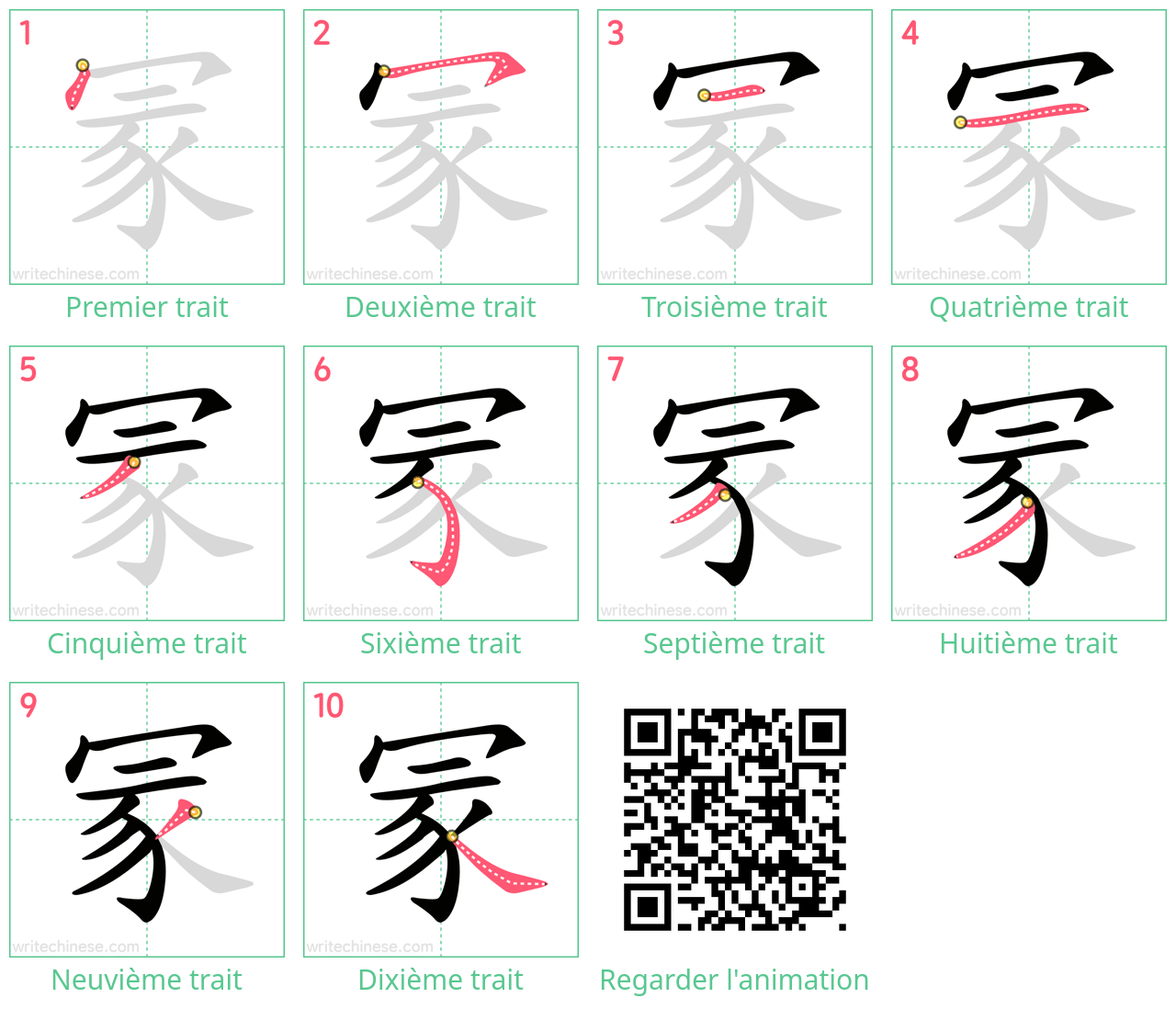 Diagrammes d'ordre des traits étape par étape pour le caractère 冡