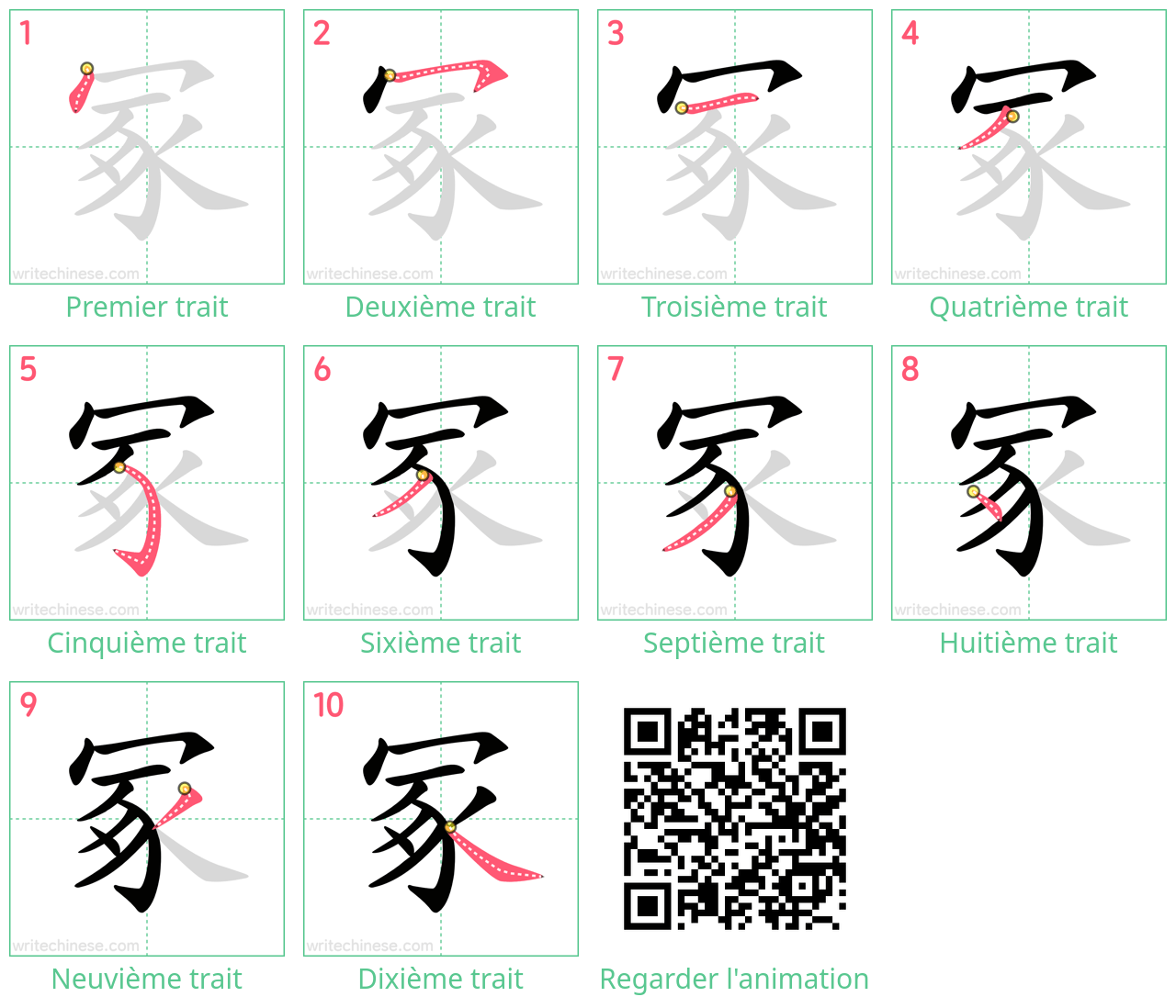 Diagrammes d'ordre des traits étape par étape pour le caractère 冢
