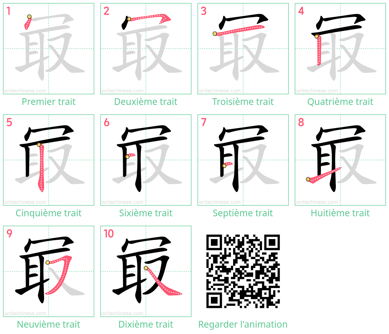 Diagrammes d'ordre des traits étape par étape pour le caractère 冣