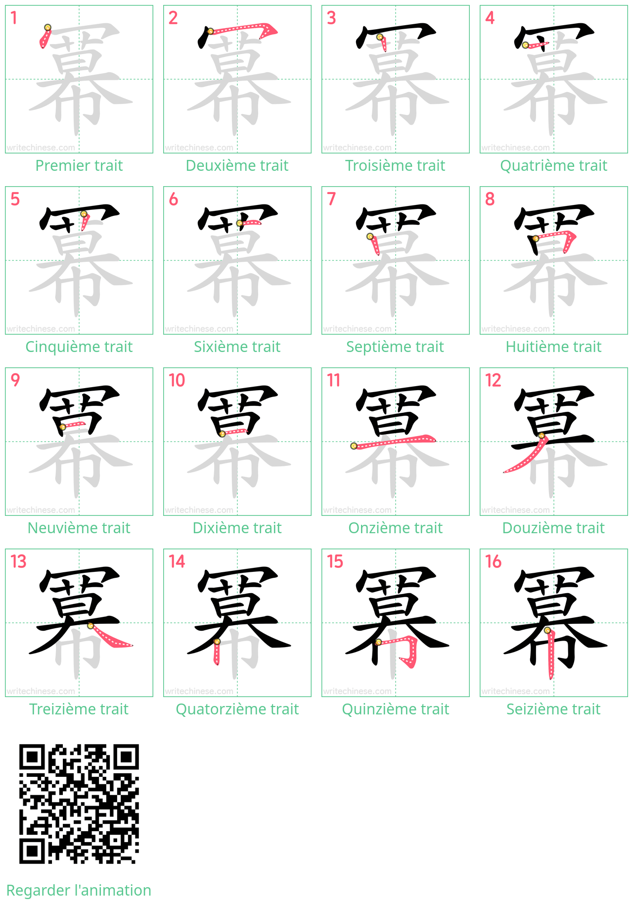 Diagrammes d'ordre des traits étape par étape pour le caractère 冪