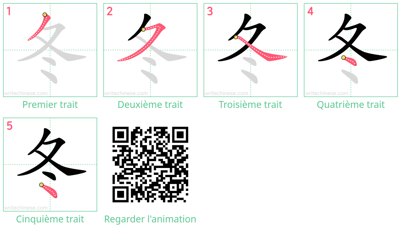 Diagrammes d'ordre des traits étape par étape pour le caractère 冬