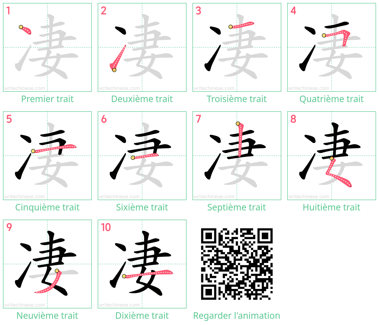 Diagrammes d'ordre des traits étape par étape pour le caractère 凄