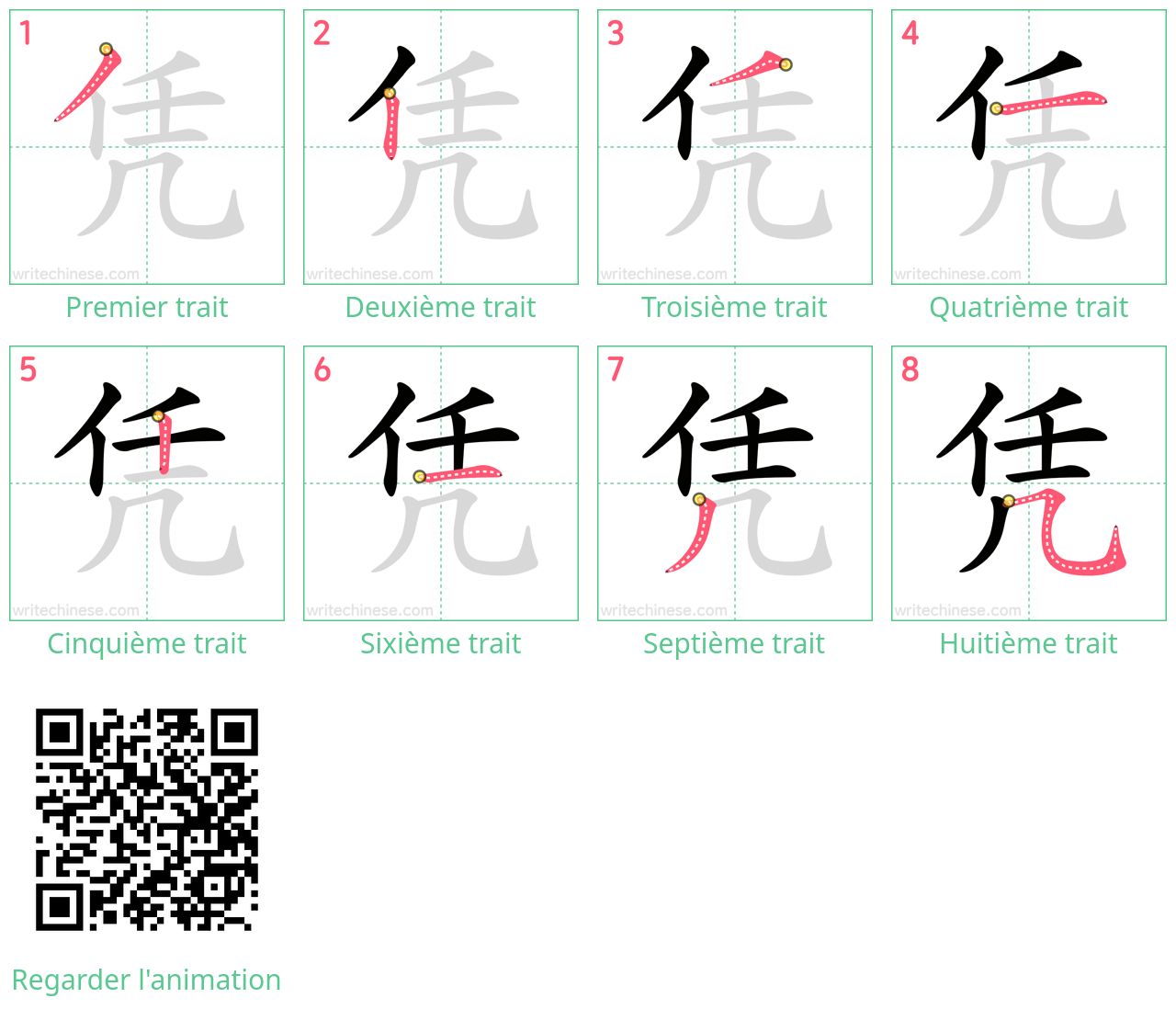 Diagrammes d'ordre des traits étape par étape pour le caractère 凭