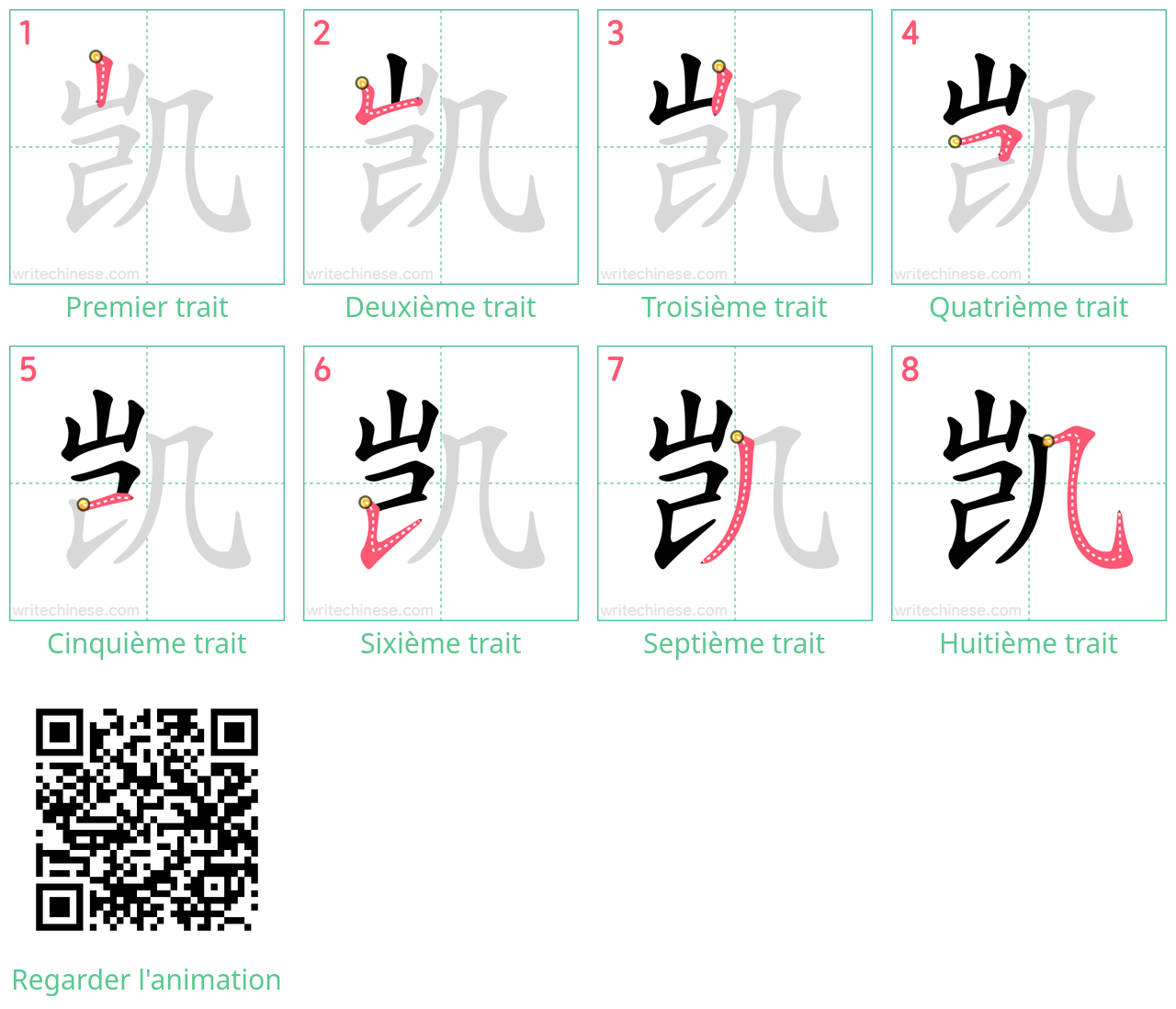 Diagrammes d'ordre des traits étape par étape pour le caractère 凯