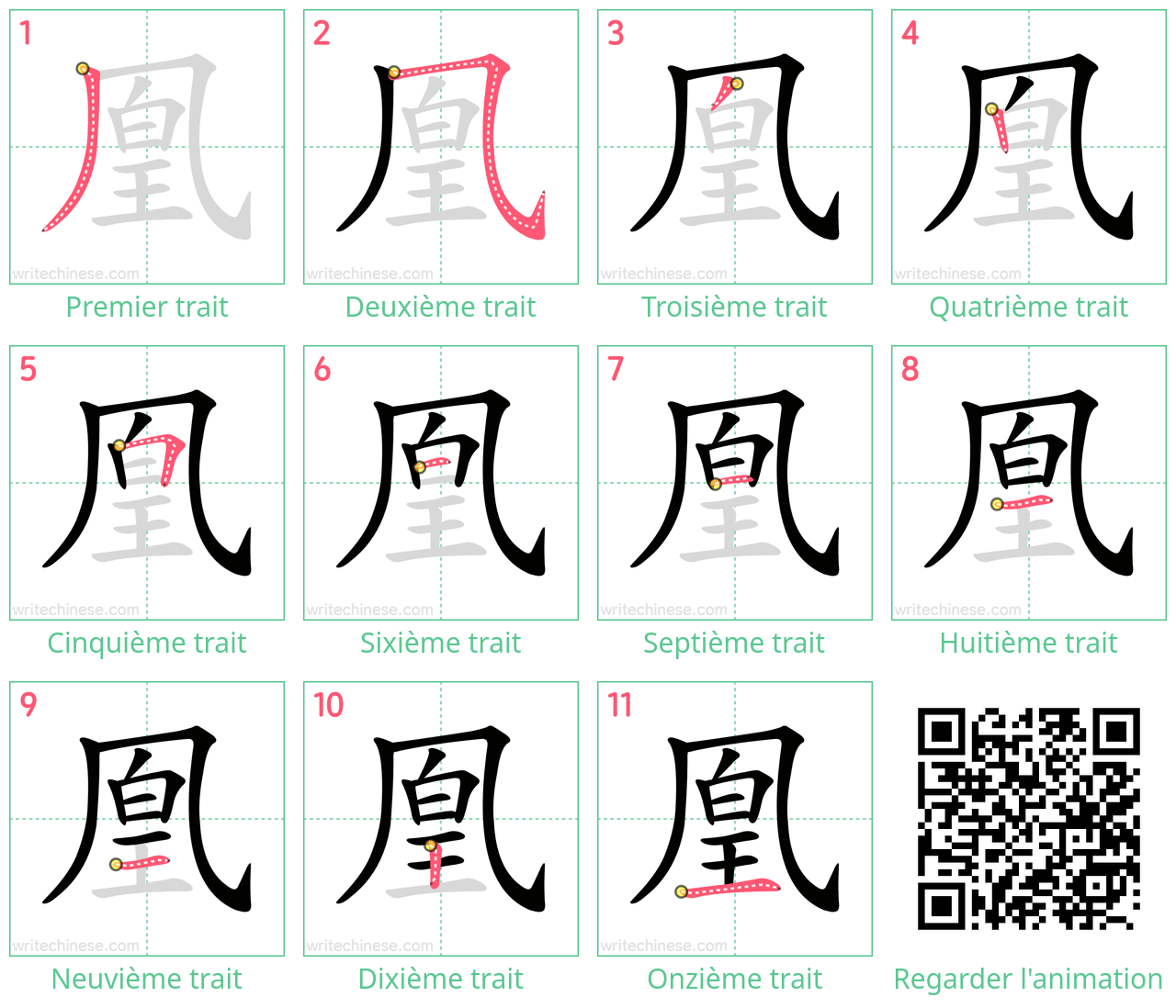 Diagrammes d'ordre des traits étape par étape pour le caractère 凰
