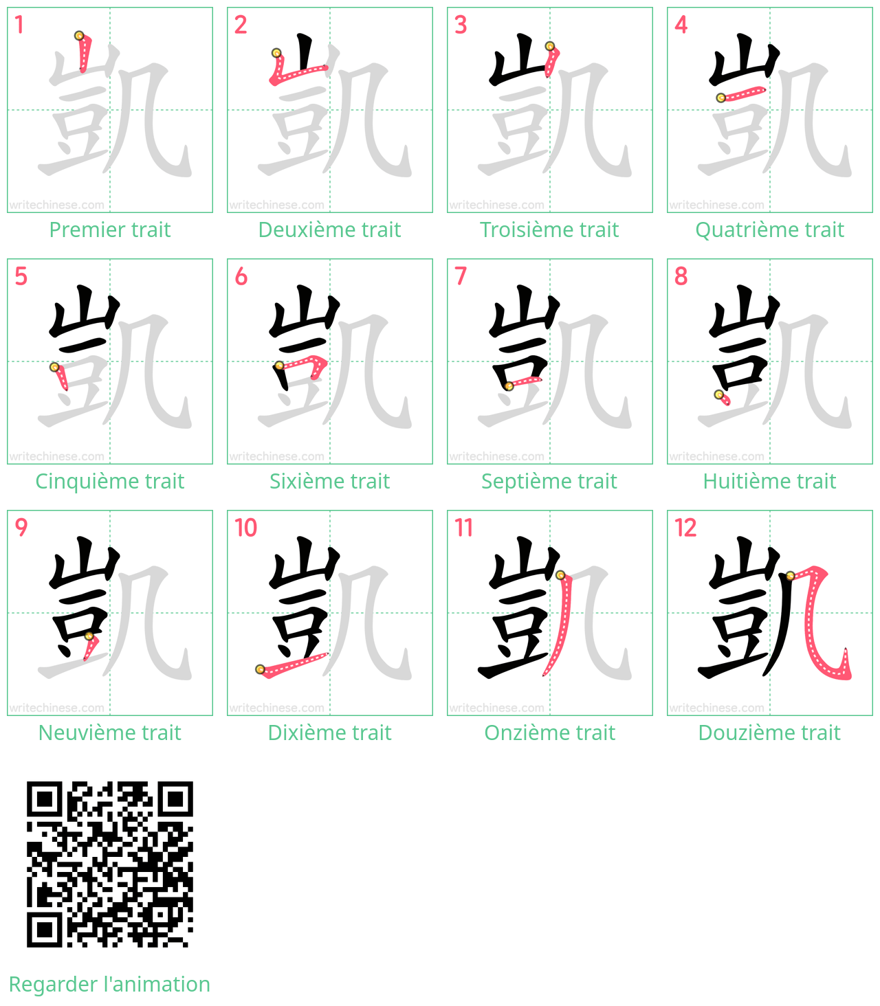 Diagrammes d'ordre des traits étape par étape pour le caractère 凱