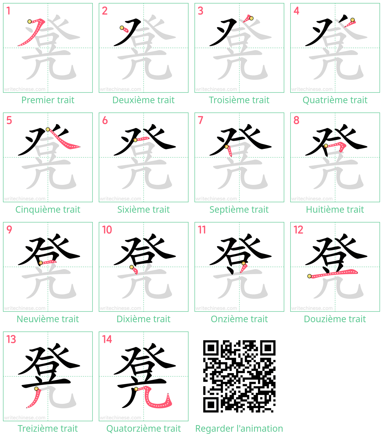 Diagrammes d'ordre des traits étape par étape pour le caractère 凳