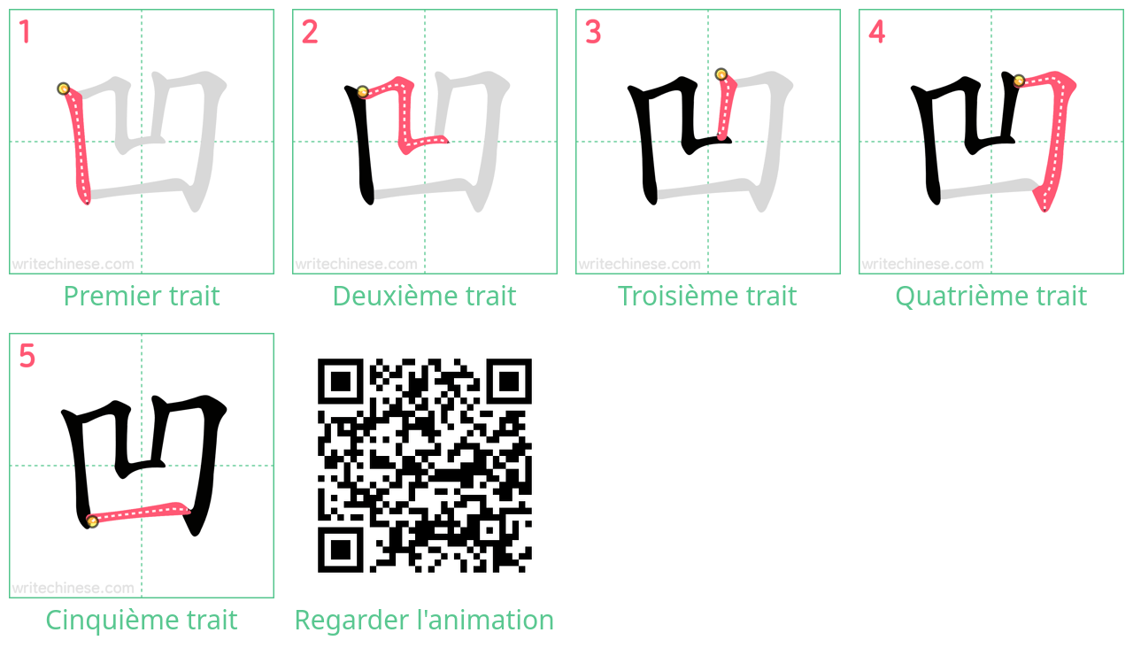 Diagrammes d'ordre des traits étape par étape pour le caractère 凹