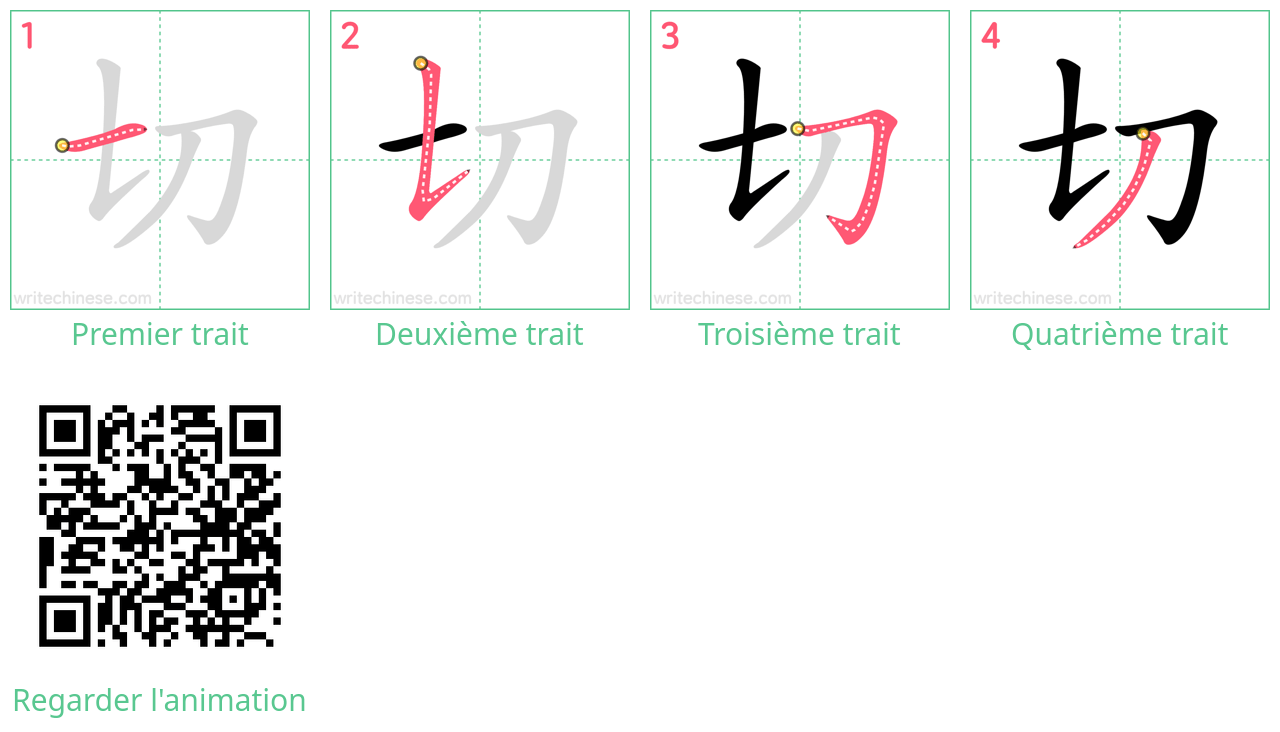 Diagrammes d'ordre des traits étape par étape pour le caractère 切