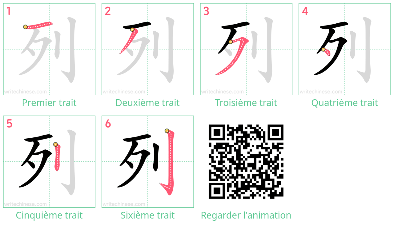 Diagrammes d'ordre des traits étape par étape pour le caractère 列