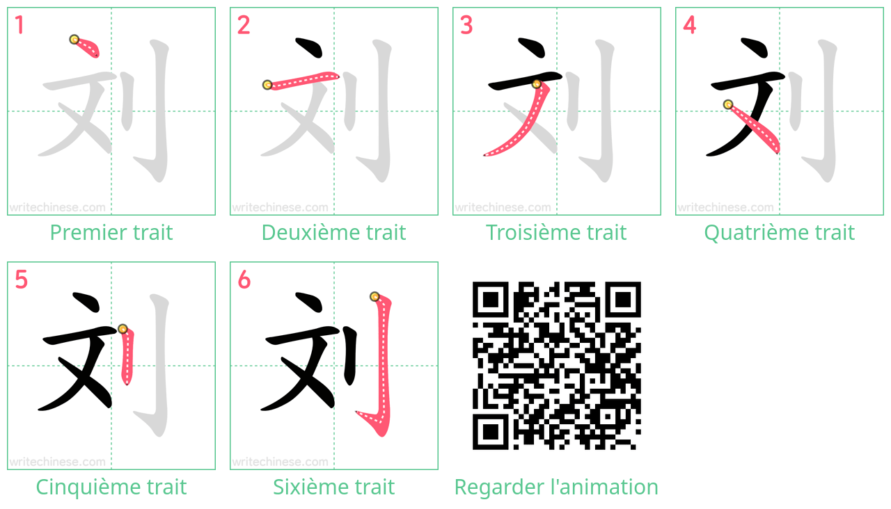 Diagrammes d'ordre des traits étape par étape pour le caractère 刘