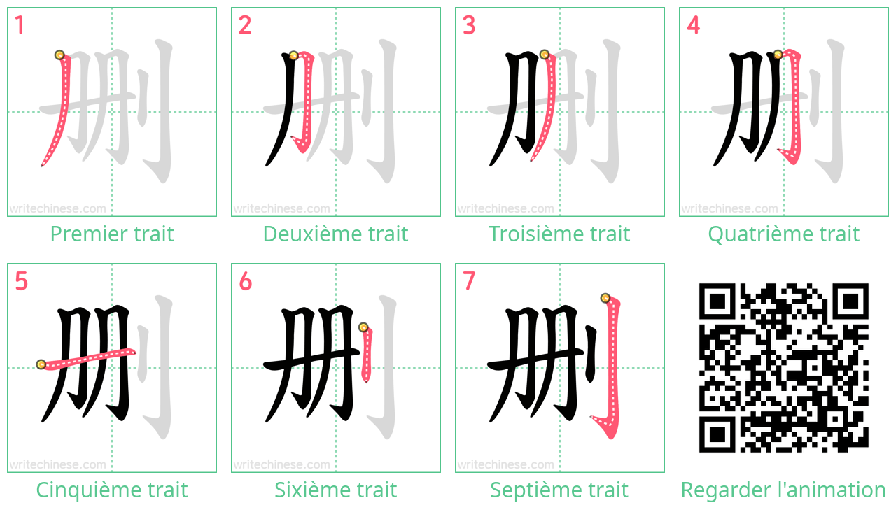 Diagrammes d'ordre des traits étape par étape pour le caractère 删