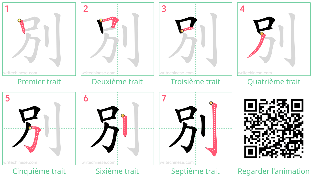 Diagrammes d'ordre des traits étape par étape pour le caractère 別