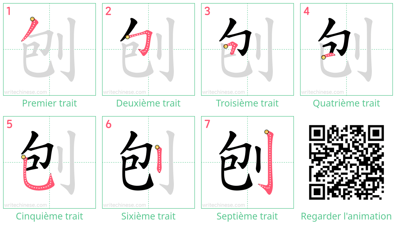 Diagrammes d'ordre des traits étape par étape pour le caractère 刨