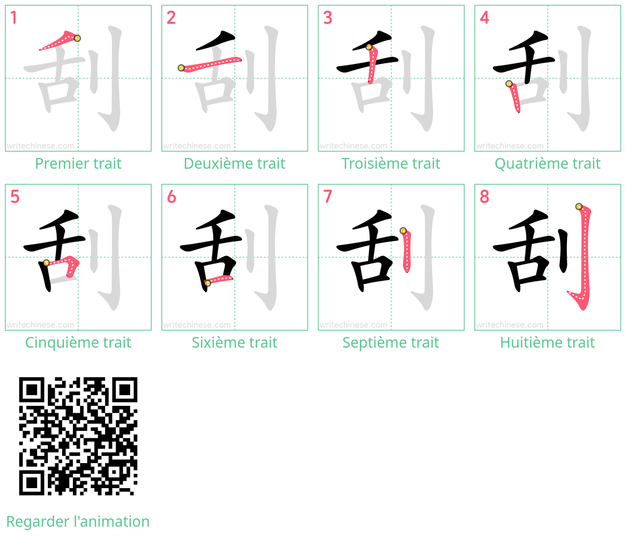 Diagrammes d'ordre des traits étape par étape pour le caractère 刮