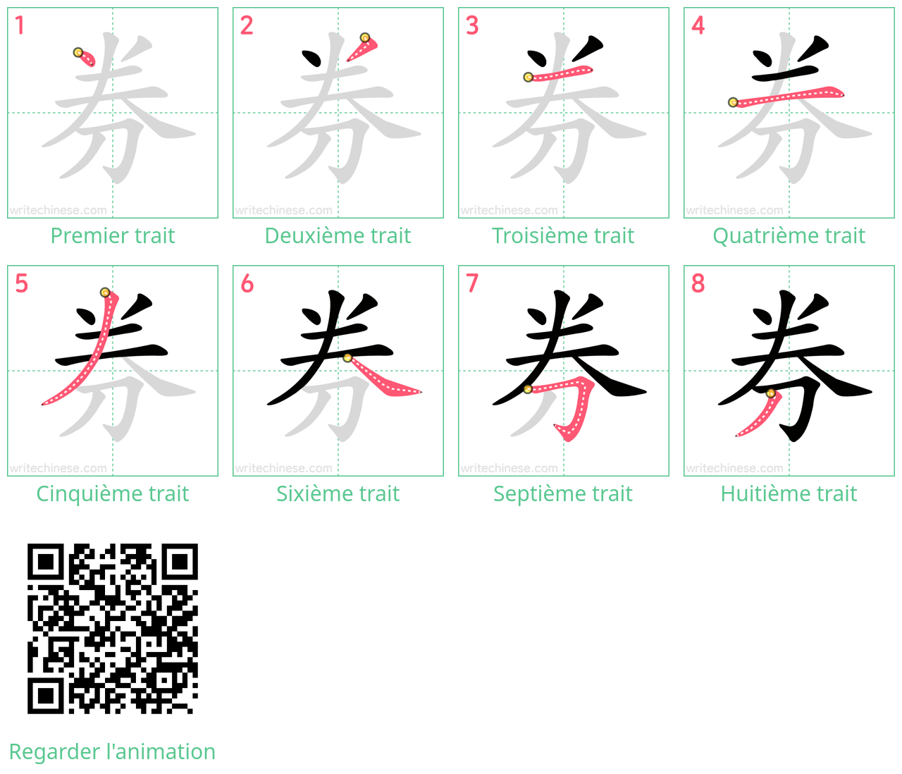 Diagrammes d'ordre des traits étape par étape pour le caractère 券