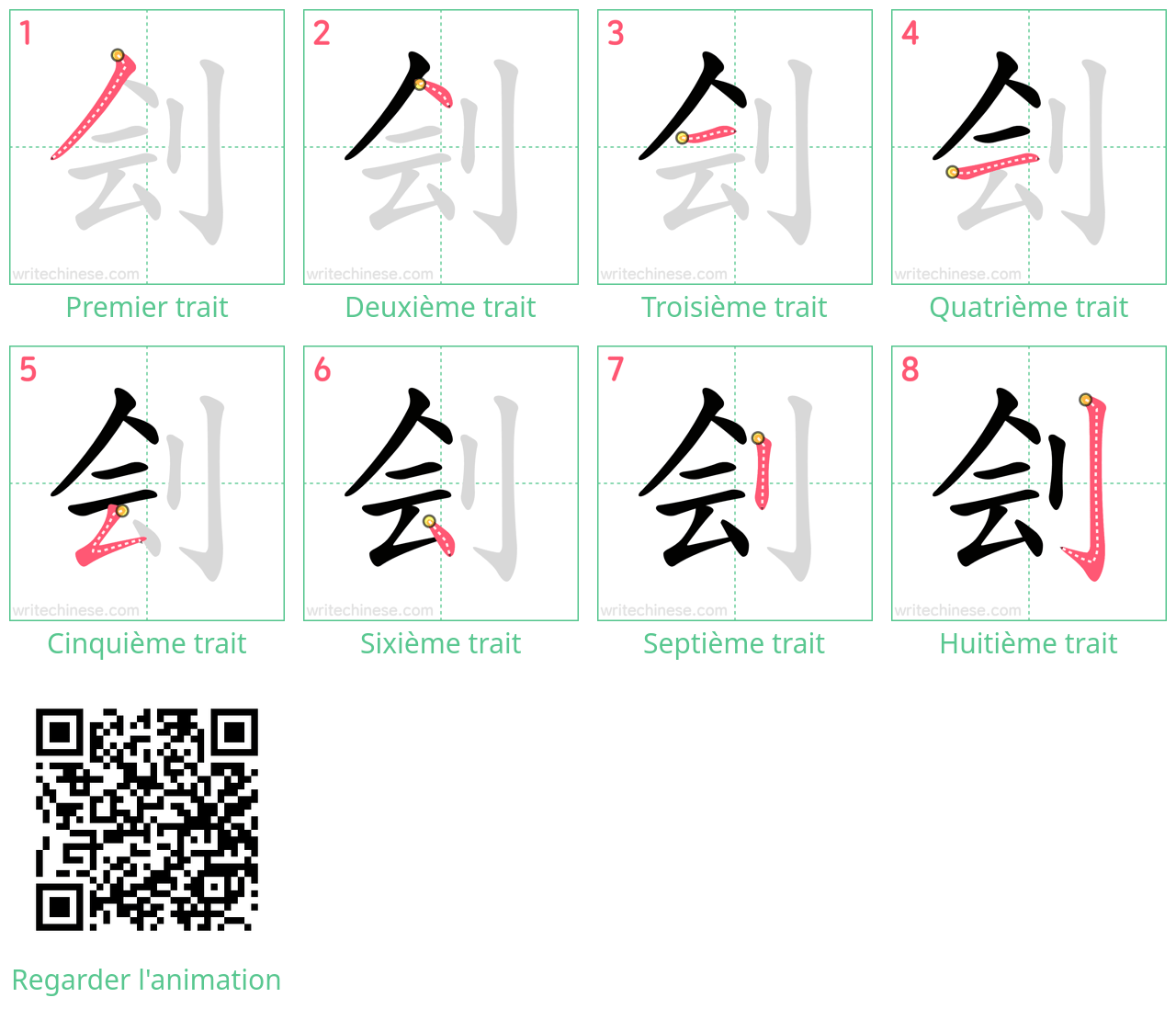 Diagrammes d'ordre des traits étape par étape pour le caractère 刽