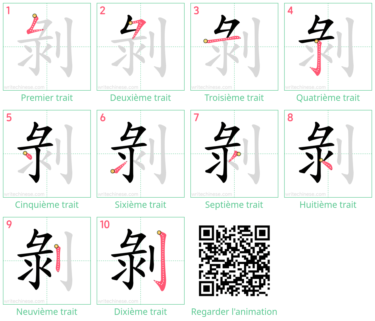 Diagrammes d'ordre des traits étape par étape pour le caractère 剝