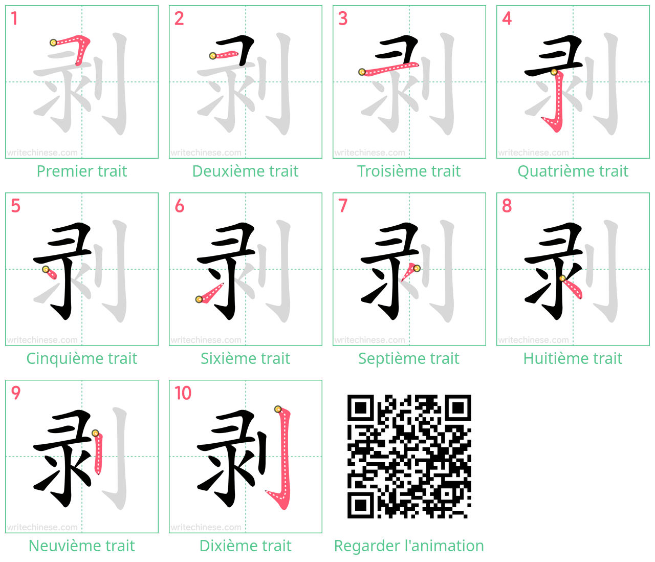 Diagrammes d'ordre des traits étape par étape pour le caractère 剥