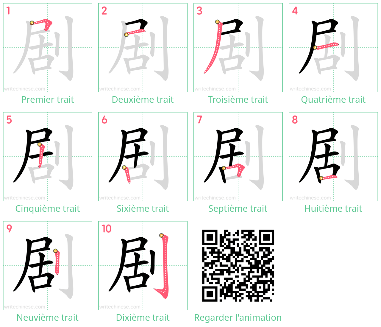 Diagrammes d'ordre des traits étape par étape pour le caractère 剧