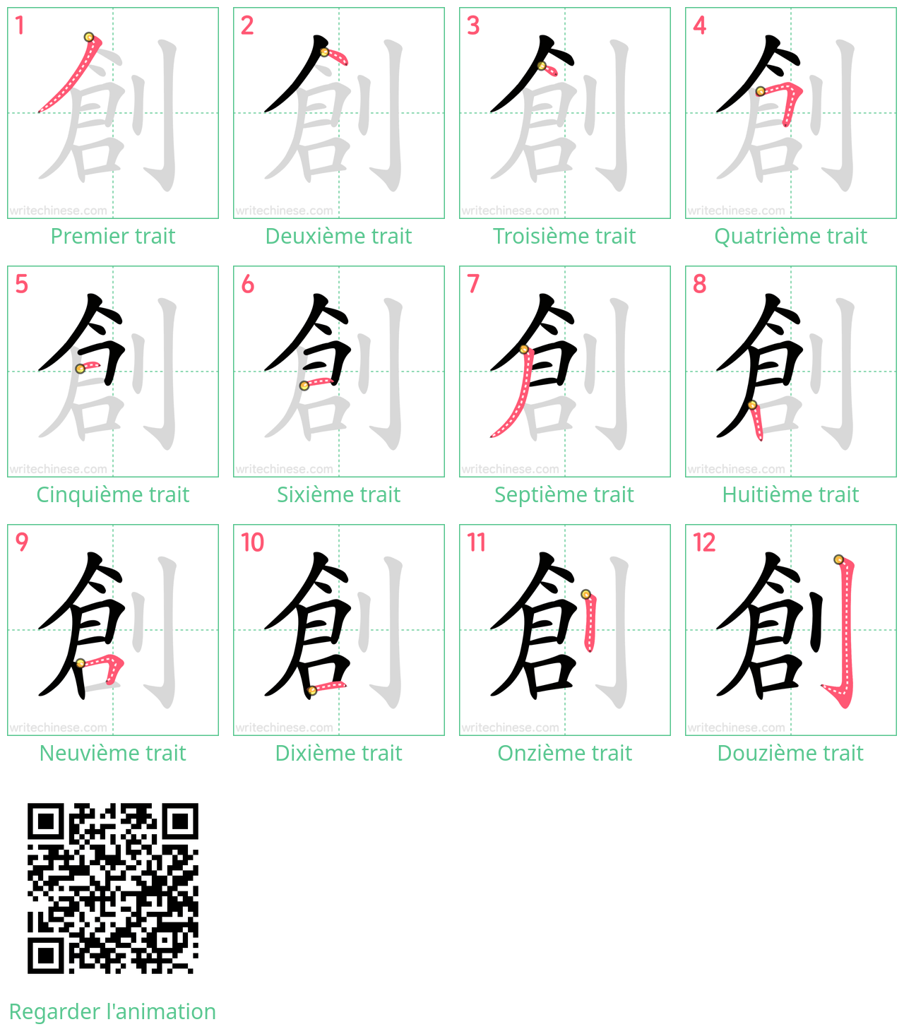 Diagrammes d'ordre des traits étape par étape pour le caractère 創