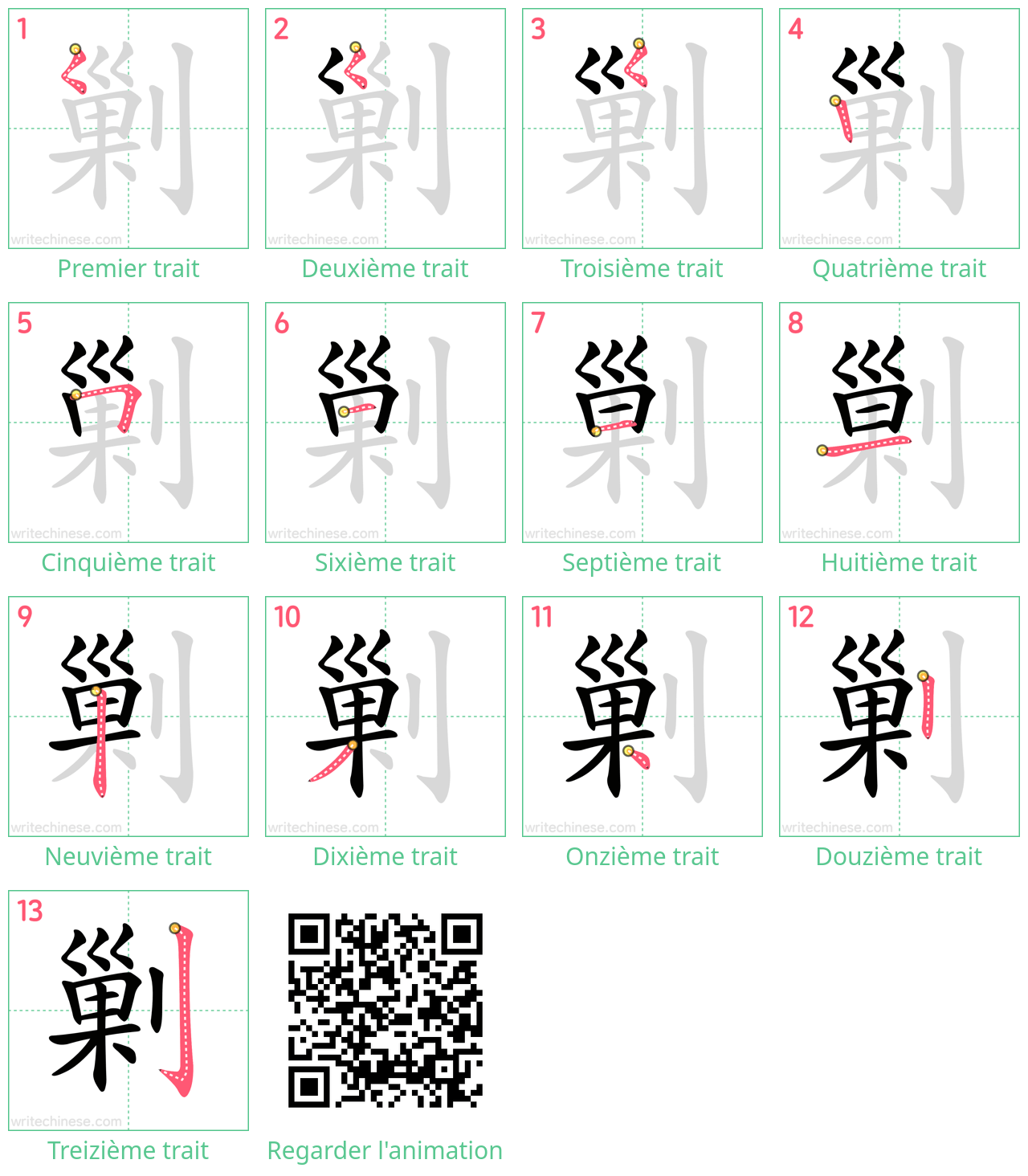 Diagrammes d'ordre des traits étape par étape pour le caractère 剿