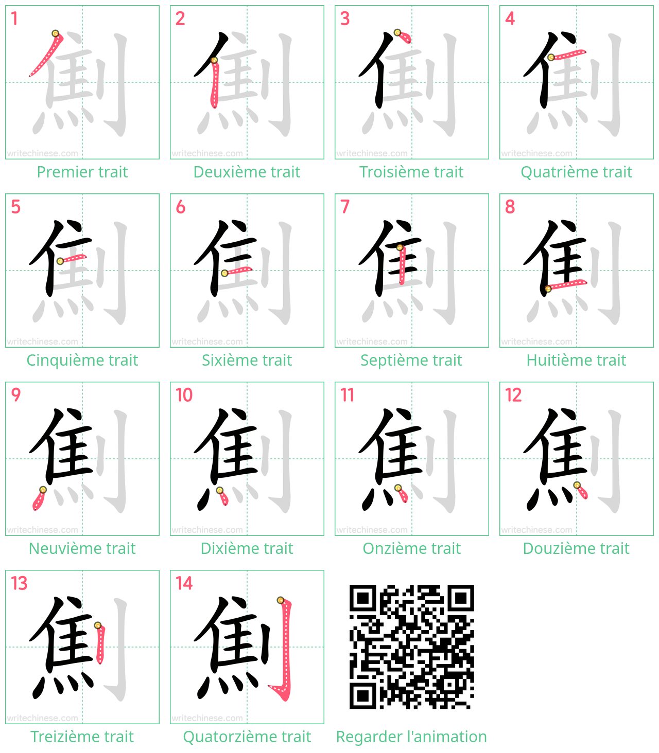 Diagrammes d'ordre des traits étape par étape pour le caractère 劁