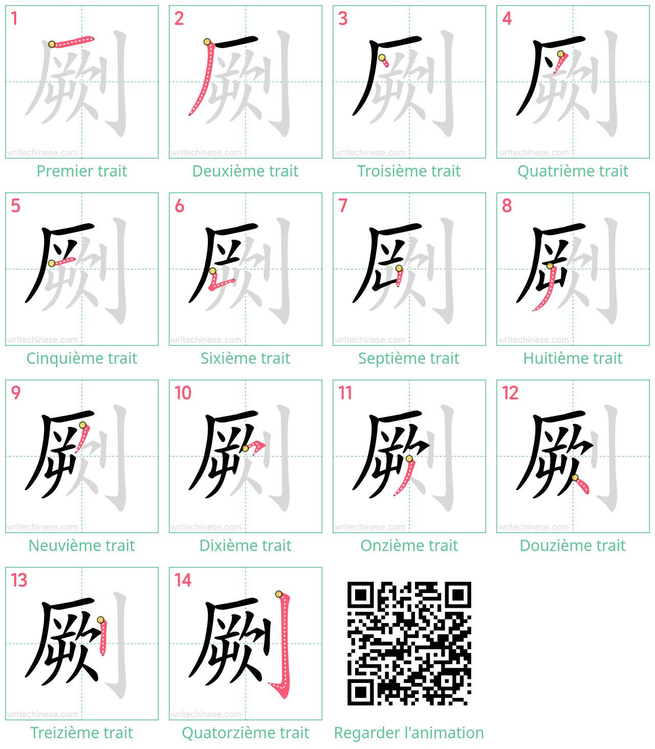 Diagrammes d'ordre des traits étape par étape pour le caractère 劂