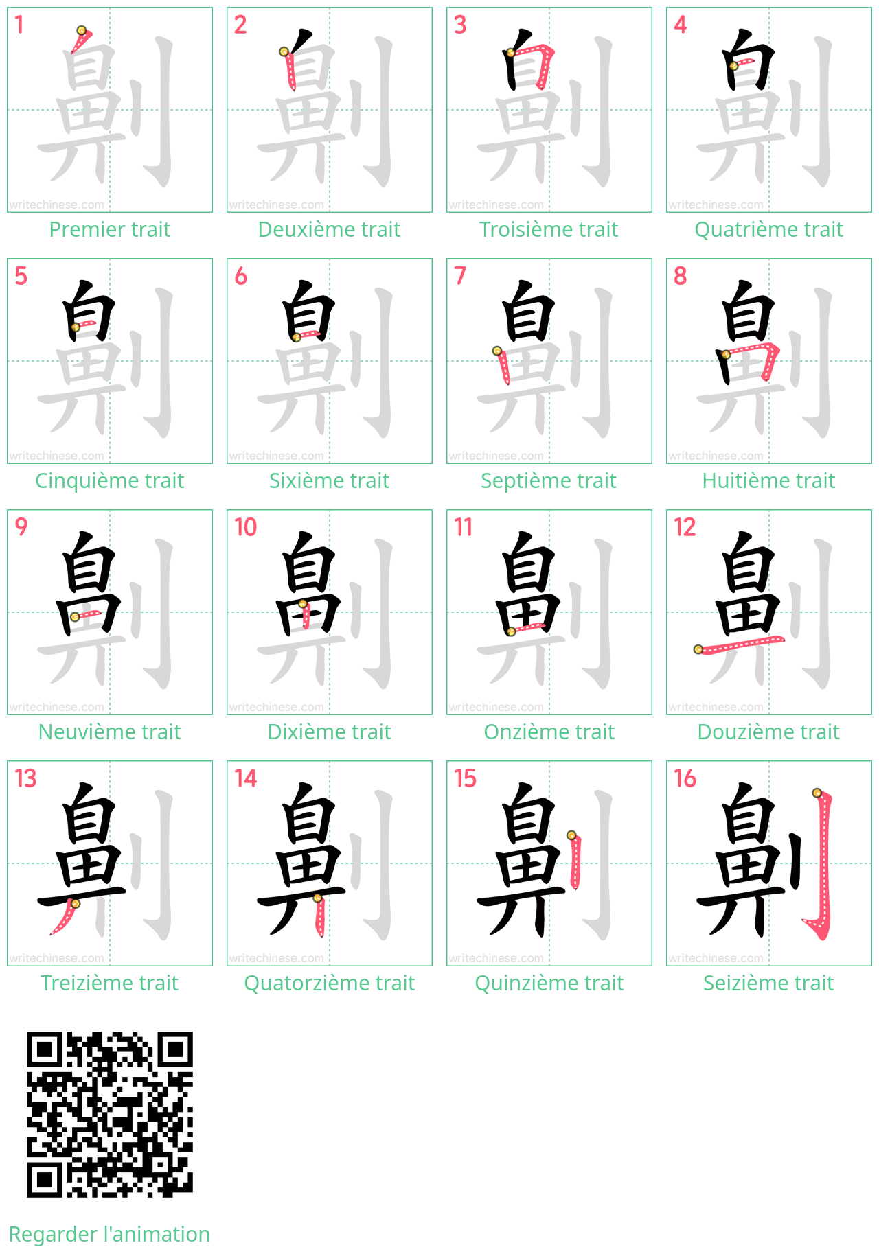 Diagrammes d'ordre des traits étape par étape pour le caractère 劓