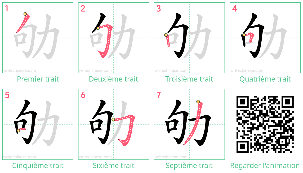 Diagrammes d'ordre des traits étape par étape pour le caractère 劬