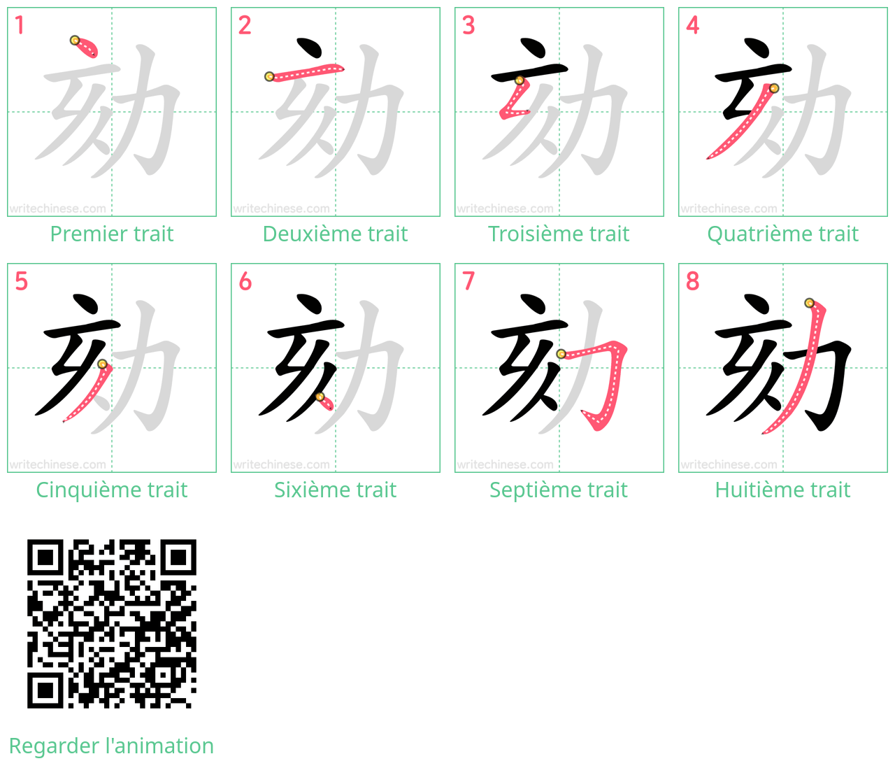 Diagrammes d'ordre des traits étape par étape pour le caractère 劾